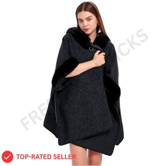Wool Blend Cardigan Shawl Cape Cloak Hoodie Coat Elegant Winter Warm Oversized - Picture 5 of 7